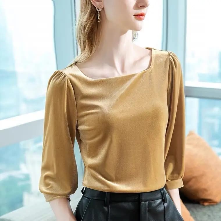 England style women fashion vintage square collar velour shirt,Spring elegant Lantern sleeve blouse velvet tops 10…
