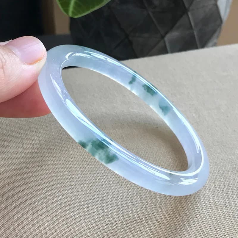 Old Mine Jadeite Bracelet, Round , Icy Texture, Pattern, Green Flower, Glue-like Finish, Shiny, Thin Bar, Small Ring,