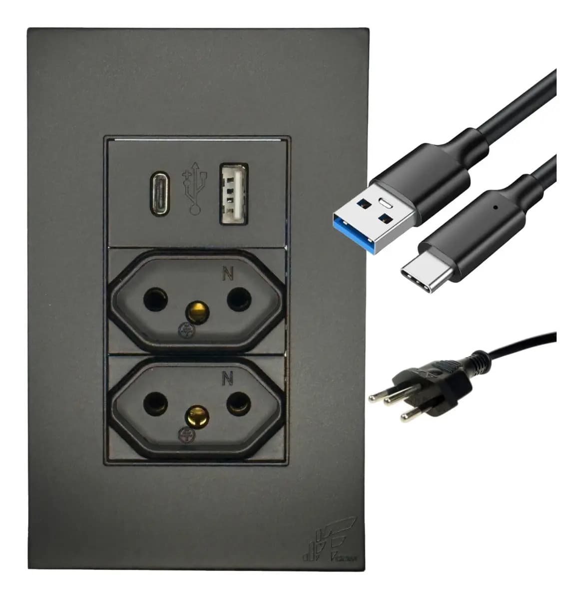 Tomada Dupla Jwcom Bivolt USB Tipo C Carregador Turbo USB-C