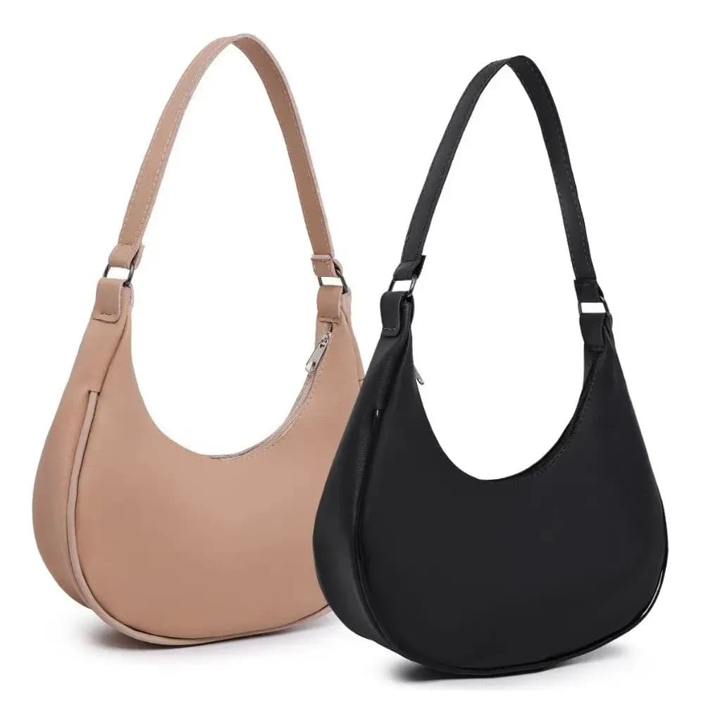 Kit 2 Bolsas Feminina Meia Lua De Ombro Estilosa Elegante Cor Preto/Nude