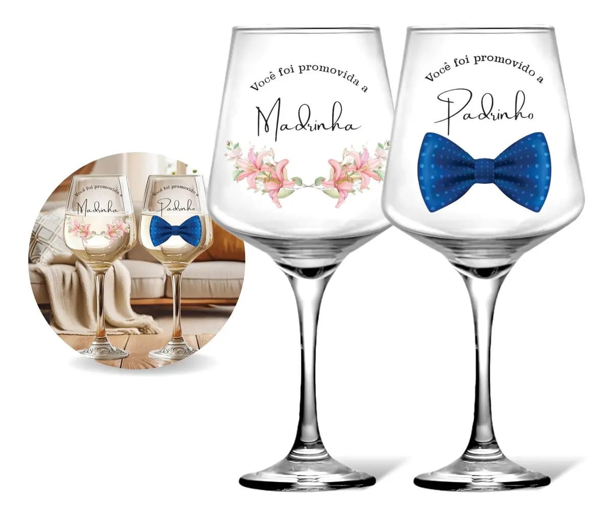 2 Taças Vinho 340ml Padrinho Madrinha Casamento Batismo