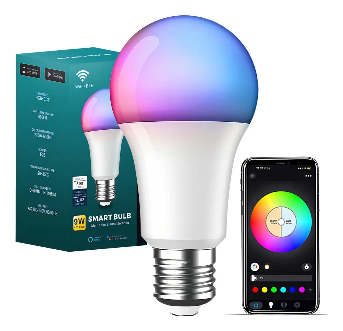 Lâmpada Smart Wifi Rgb Alexa Google Siri E27 Lâmpada LED 9w Controle de voz Brilho ajustável Lâmpada inteligente Lâmpada inteligente Lâmpadas Bluetooth inteligentes Rgbcw