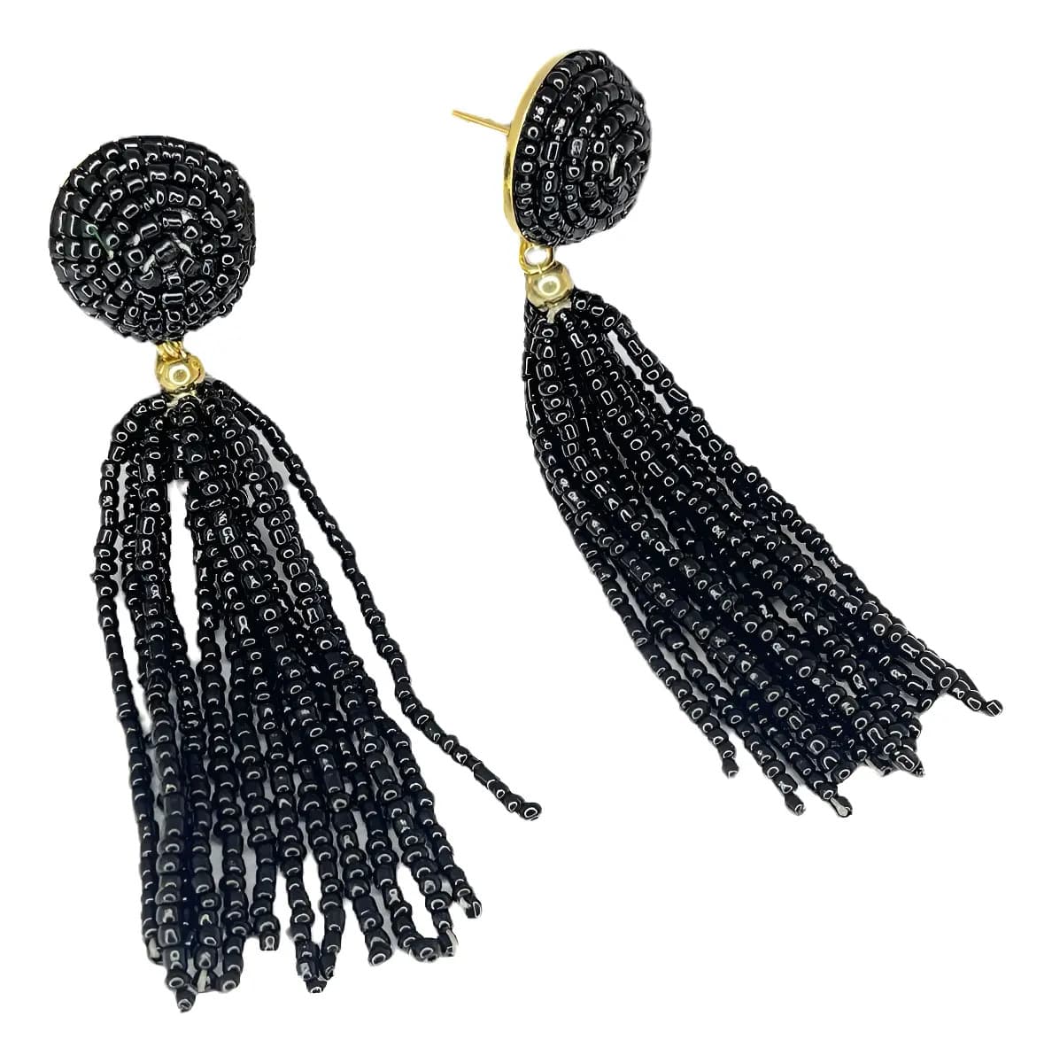 Brinco De Franja Miçanga Cores Preto Feminino Acessorio Moda