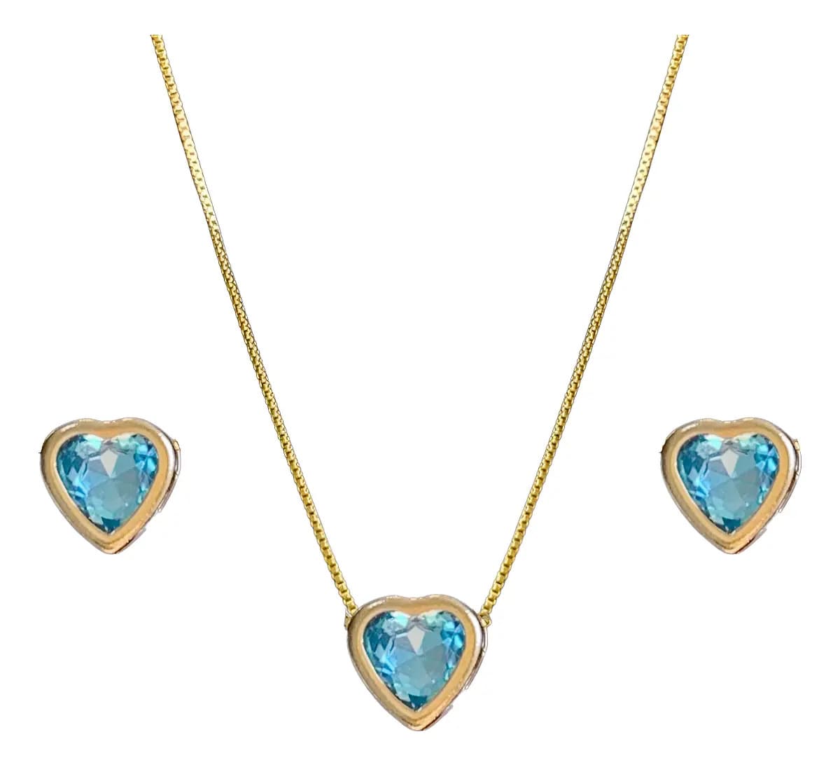 Conjunto Colar E Brinco Dourado E Azul Zircônia Folheado