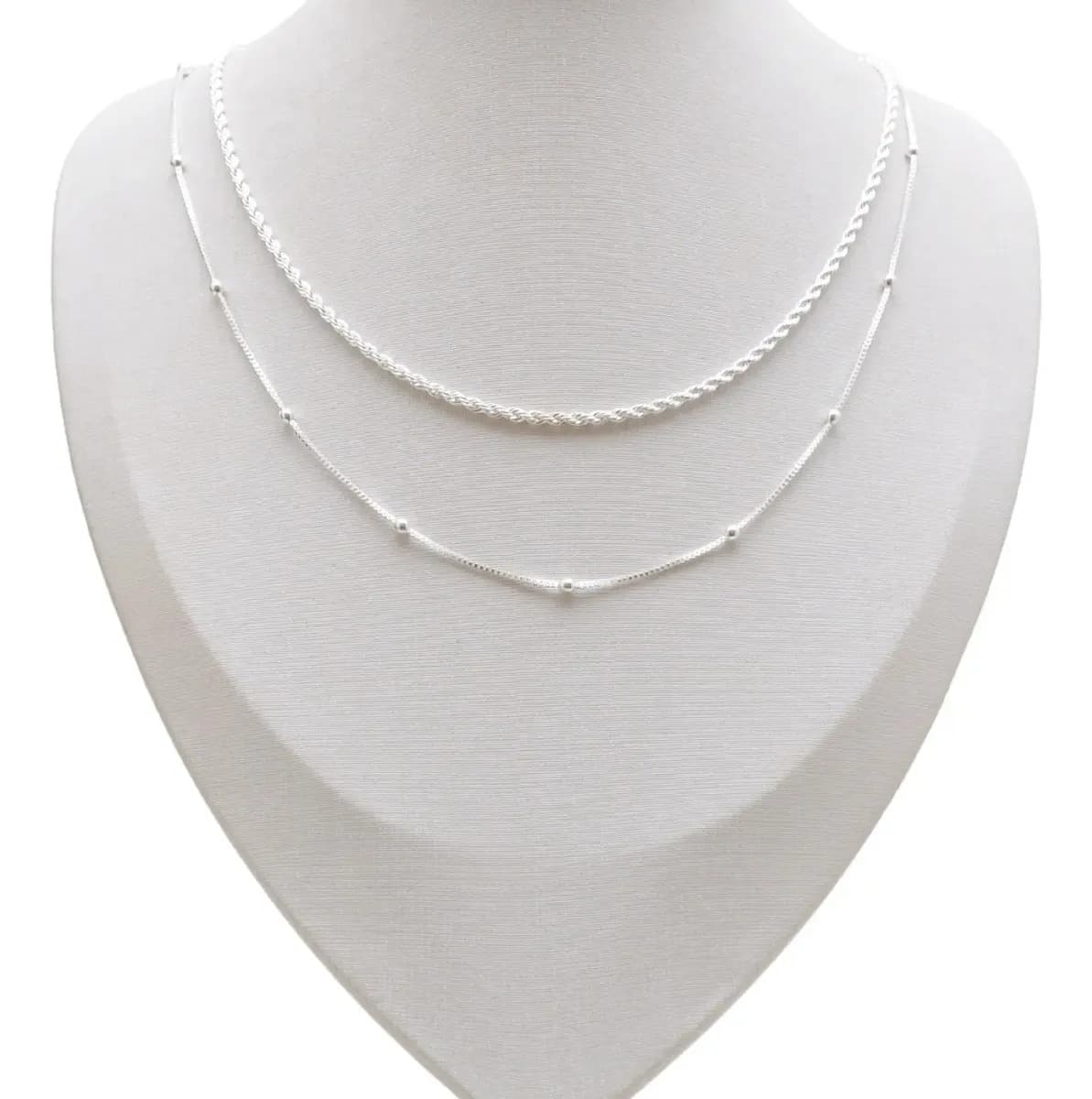 Colar Feminino Bolinhas + Colar Cordão Baiano Banhado Prata