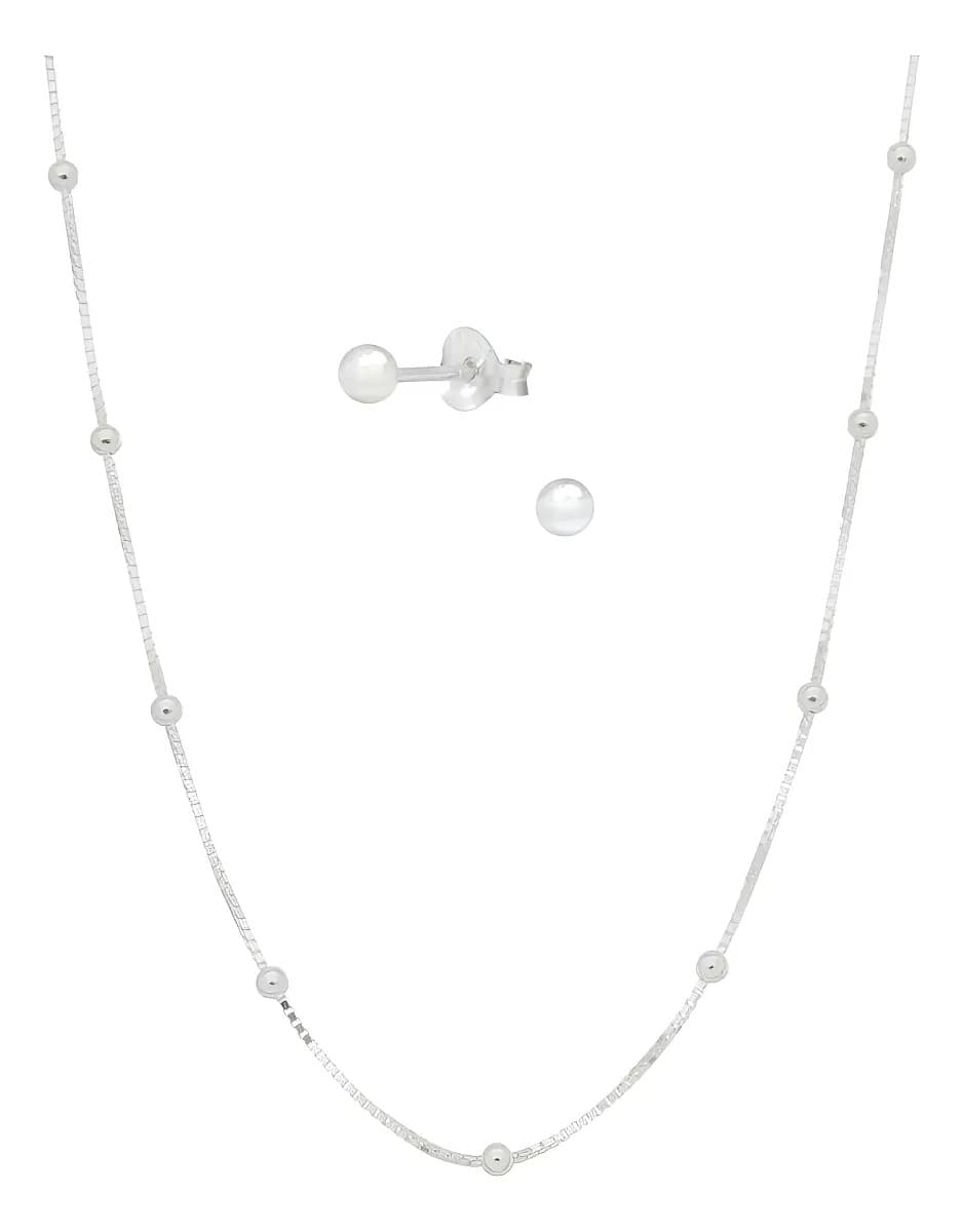 Colar Corrente Feminina Prata 40cm Bolinha + Brinco Prata Prateado