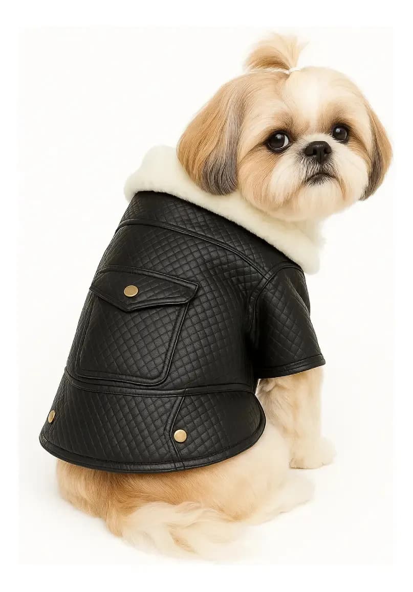 Jaqueta Pet De Couro Gola Pelúcia Para Frio Cães Tam 0 Preto