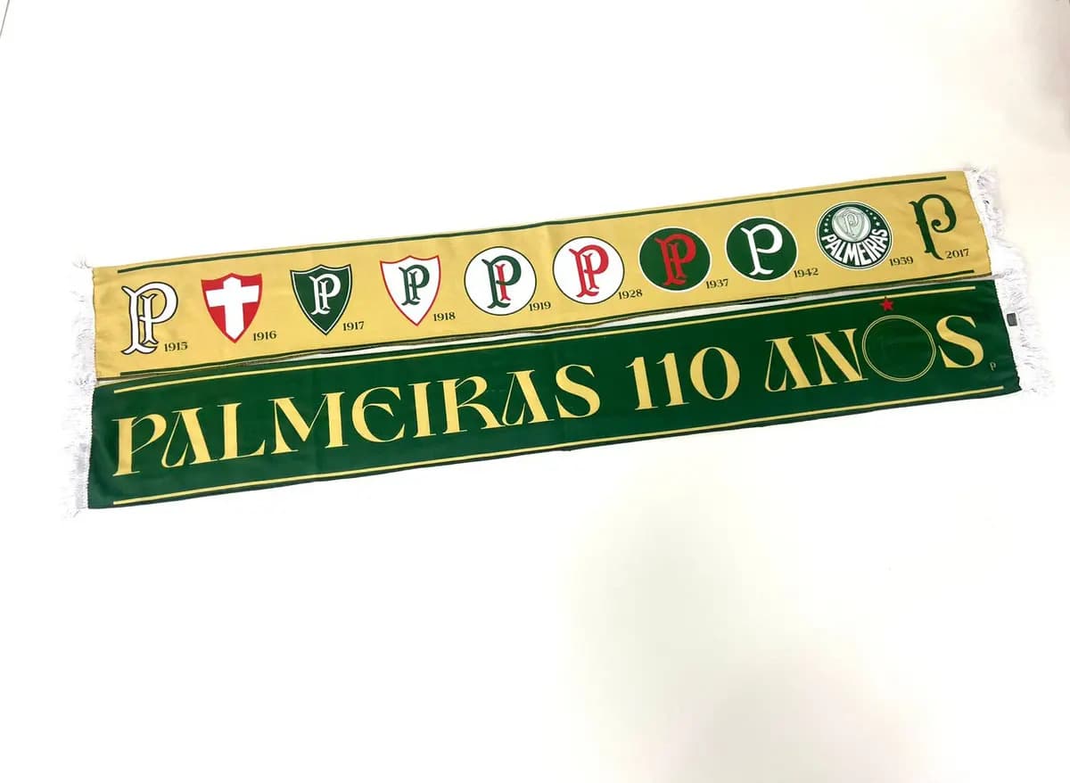 Cachecol Palmeiras 110 Anos Sublimado Verde Cachecol Mania 130x18cm