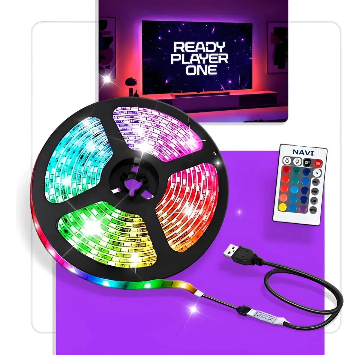 Fita Led Decorativa Rgb 2 Metros Adesiva Com Controle Remoto Usb, Fita Led Para Tv, Fita Led Para Pc Gamer, Cores Vibrantes Premium 5v Ip65 110/220v Iluminação Ambiente Navi