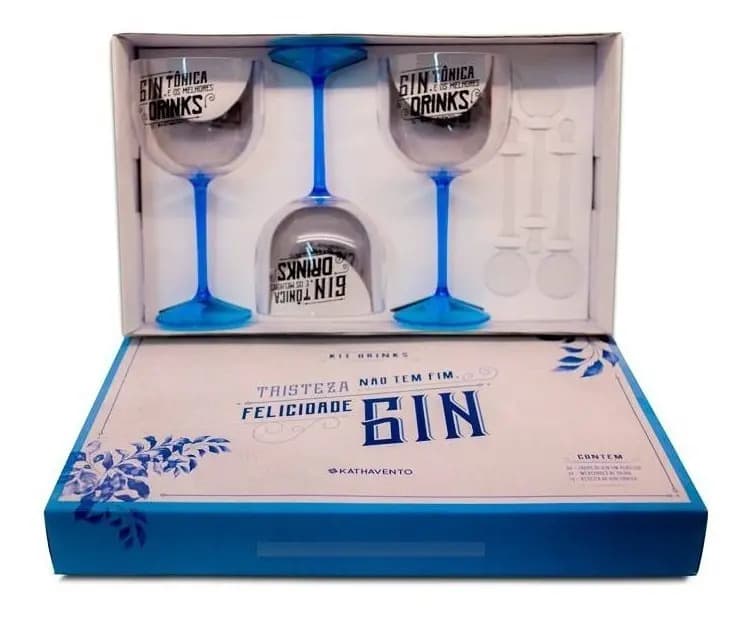 Kit Drinks Felicidade Gin Conjunto Com 3 Taças Cor Azul-turquesa