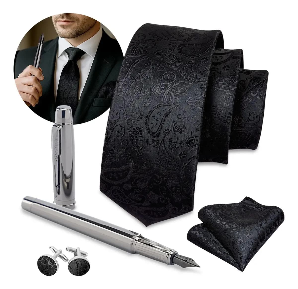 Kit Executivo Gravata Preta Seda E Caneta Tinteiro Luxo Preto/cromado Florido 8 Cm