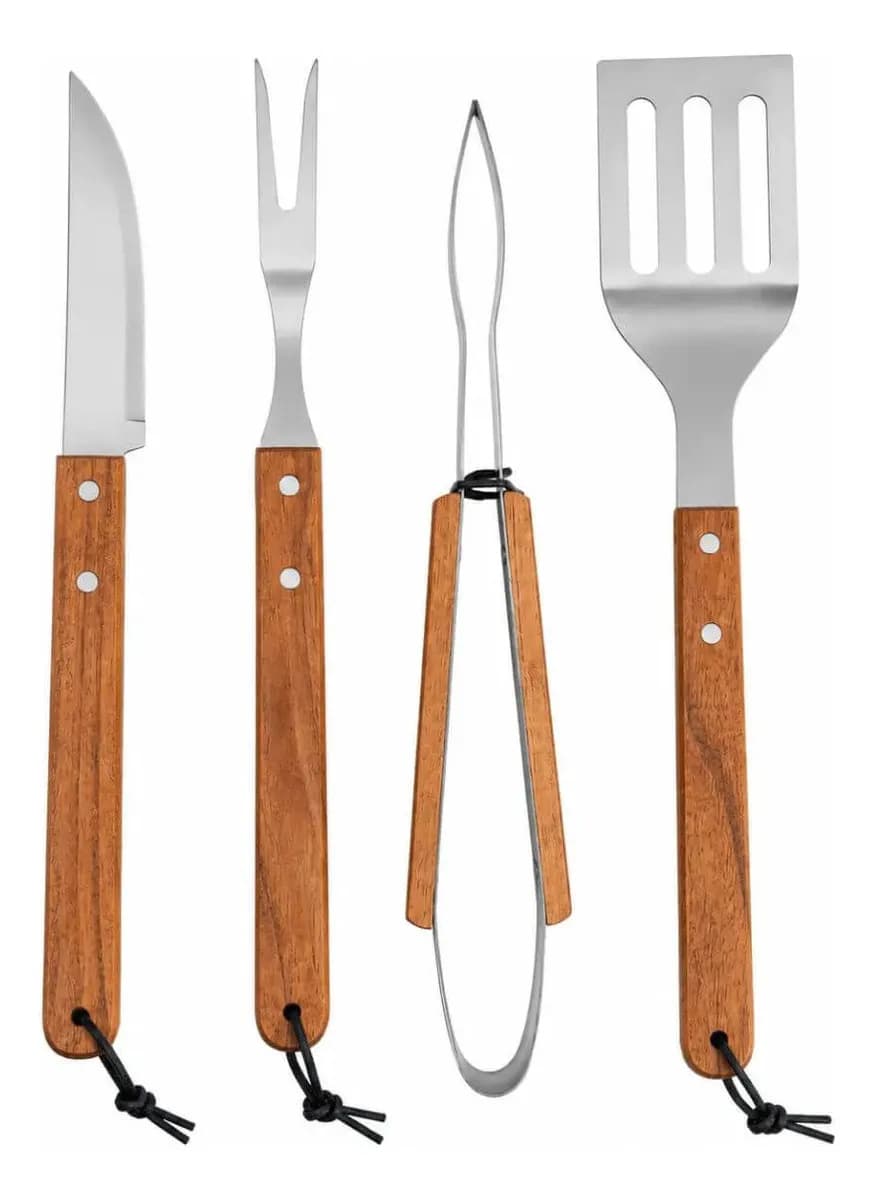 Kit Churrasco Inox Cabos Madeira 4 Peça Gourmet Profissional
