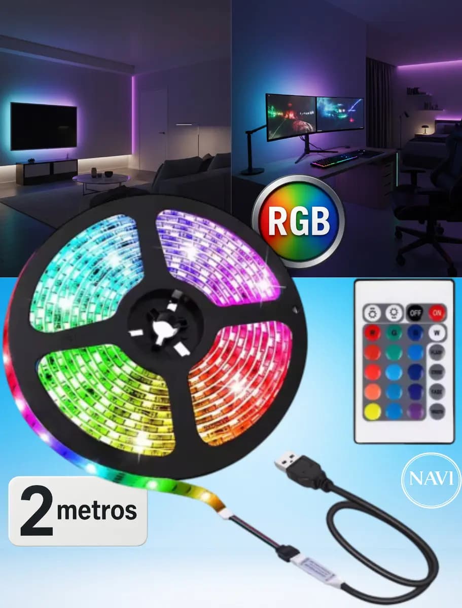 Fita Led Rgb 2 Metros Adesiva Com Controle Remoto Usb, Fita Led Para Tv, Fita Led Para Pc Gamer, Fita Led Decorativa, Iluminação Ambiente Quarto, Sala, Cores Vibrantes Premium 5v Ip65 110/220v Navi