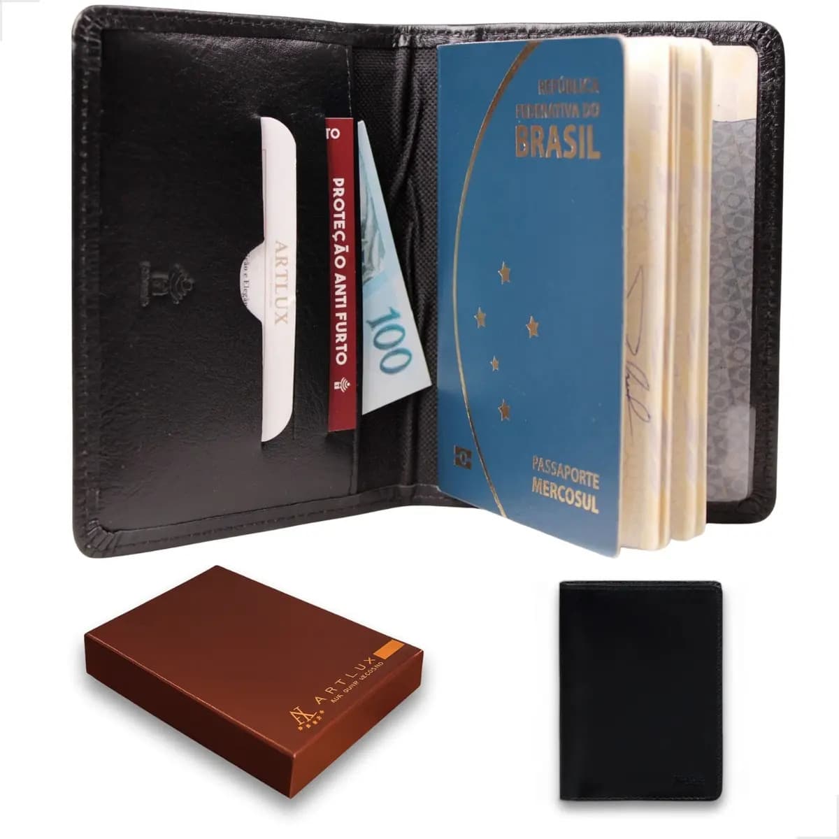 Porta Passaporte Couro Legítimo Preto RFID 3 Cartões Artlux