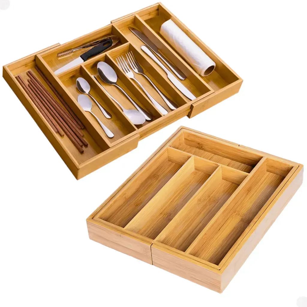 Organizador Talheres Bambu Extensível 7 Divisórias Facas Marrom-claro