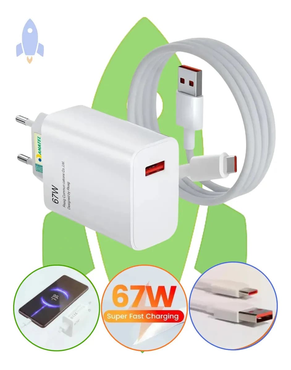 Carregador Turbo 67w + Cabo Tipo-c Para iPhone 15 16 Android Carregador Turbo Fonte Tipo C Para Samsung Motorola Xiaomi LG Apple iPhone 15 16 Pro Max Cor Branco - Komei