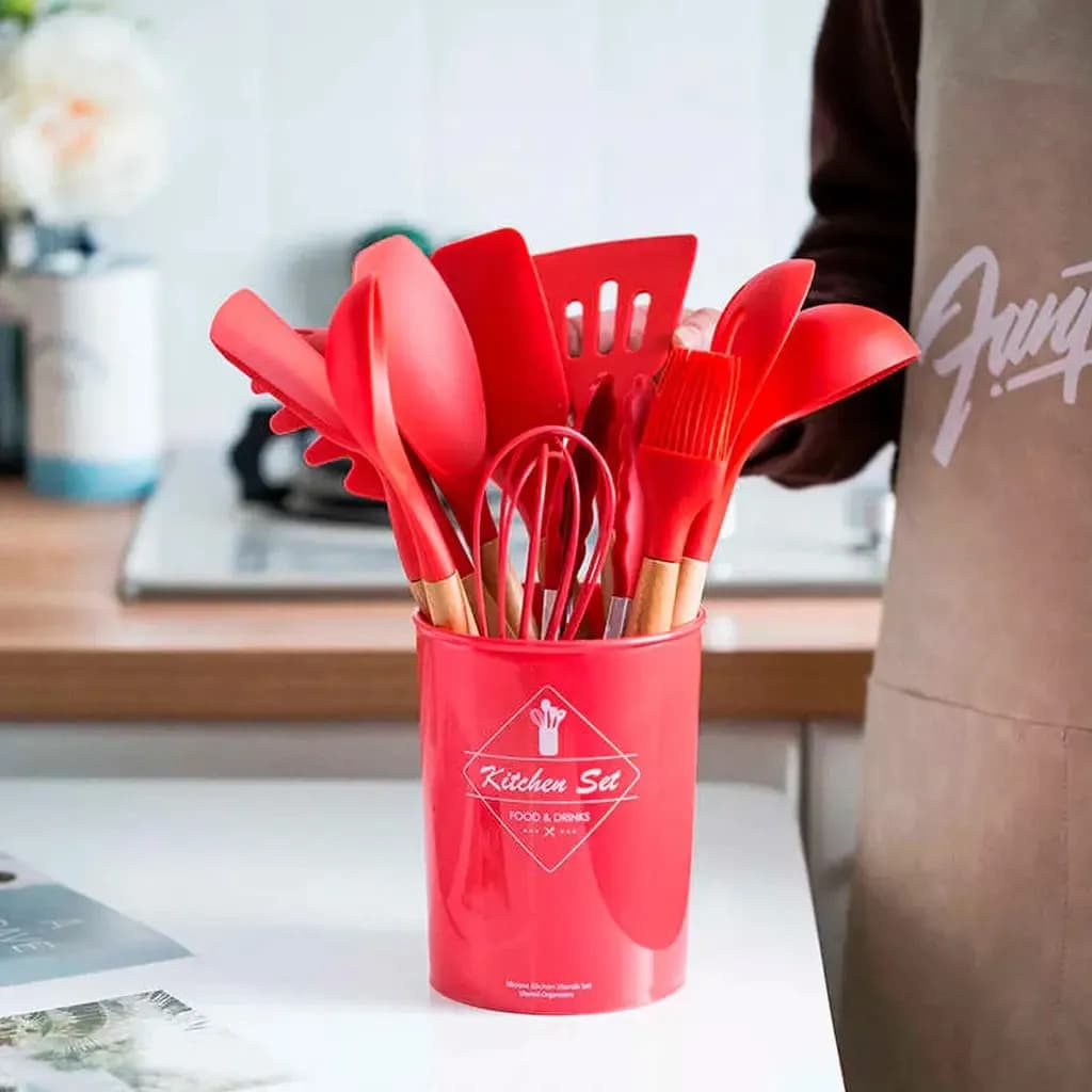 Kit 12 Utensílios Cozinha Silicone Deluxe Premium - Cores Cor Vermelho