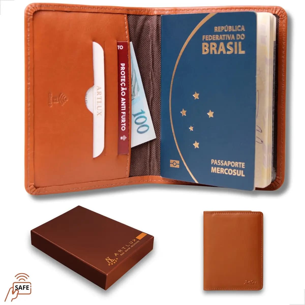 Porta Passaporte Couro Caramelo Artlux com Bloqueio RFID e Porta Cartões