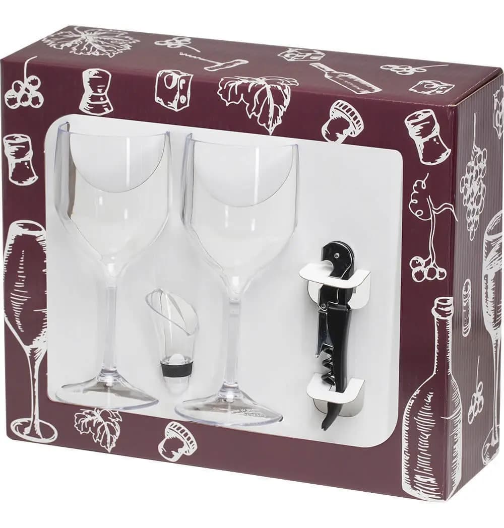 Kit Vinho 2 Taças 280ml Ps Transparen Saca-rolha Corta-gotas