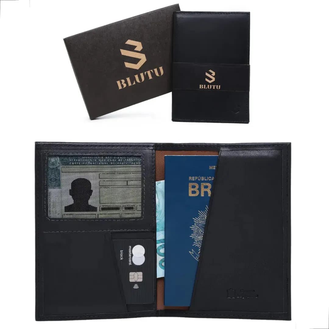 Carteira Porta Passaporte Couro Legítimo Masculina Slim Porta Cartões Documentos Viagem Executiva Elegante Compacta Premium Preta Blutu