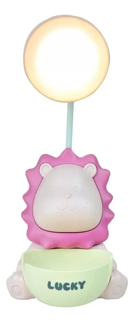 Luminária De Mesa Divertida Com Apontador Formato Leão Usb Cúpula Rosa Estrutura Rosa-chiclete