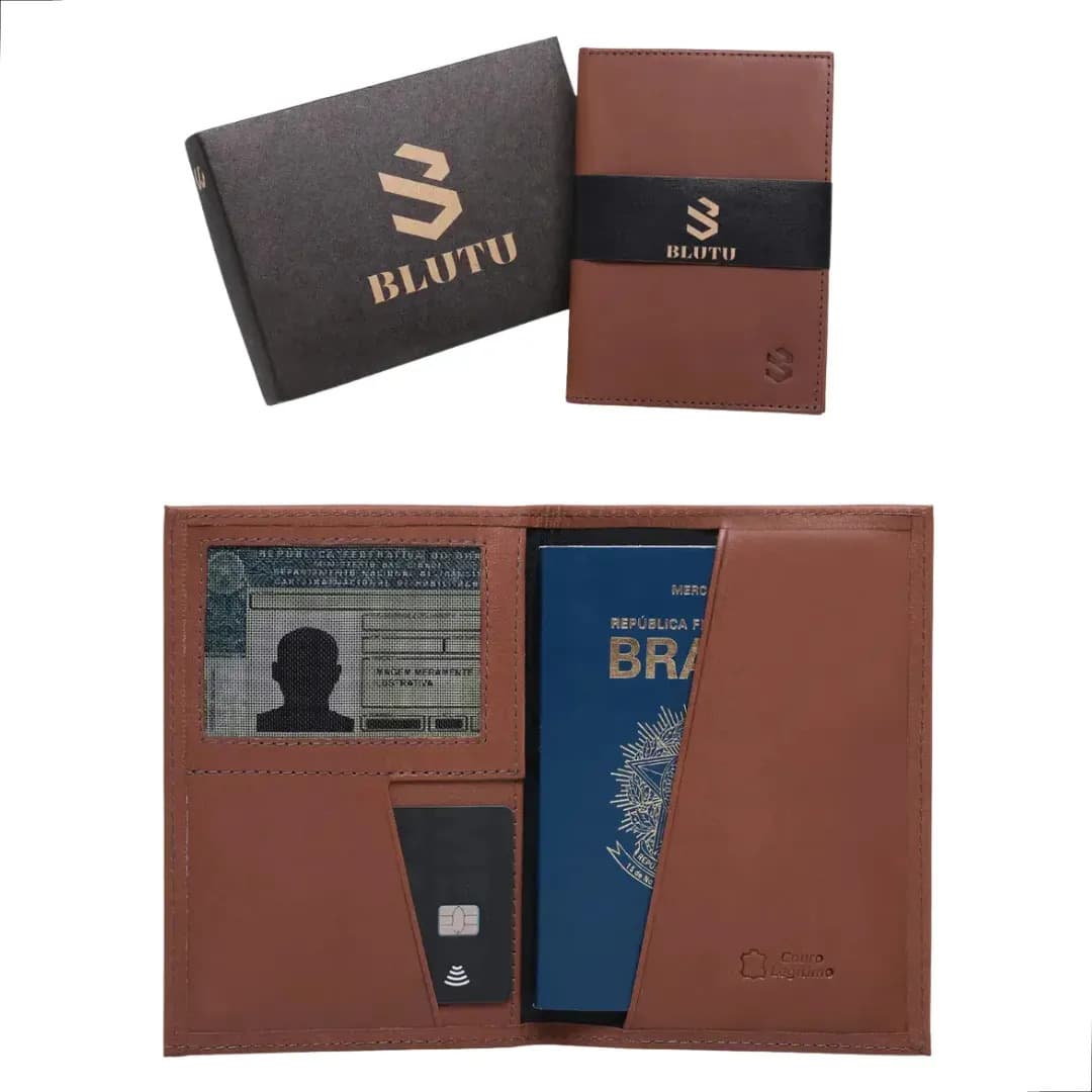 Blutu Carteira Porta-passaporte Couro Legítimo Marrom 14x10cm