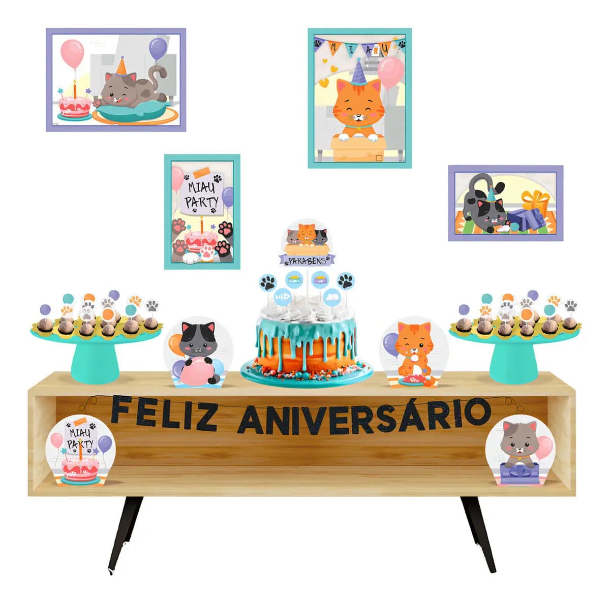 Kit Festa Facil Decoração Pet Cat Gato Miauversário - 40 Item