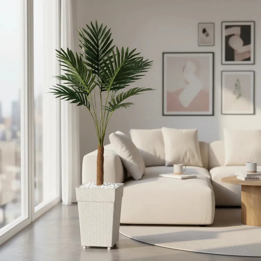 Planta Artificial Palmeira Grande+vaso Decorativo E Pedras Vaso Branco