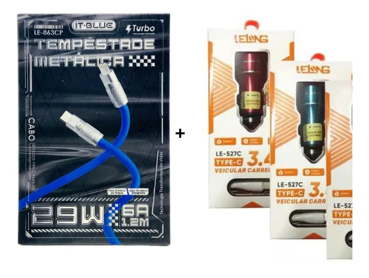 Kit Carregador Veicular 3.4a Tipo C + Cabo Carregador Tipo C