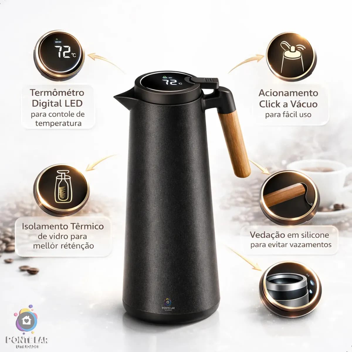 Garrafa Térmica Jarra De Café Digital Com Termômetro Led 1l Garrafa Térmica Garrafa Terere Garrafa 1l Tampa Garrafa Térmica Digital A Vacuo Com Medidor De Temperatura Marca Ponte Lar Utilidades