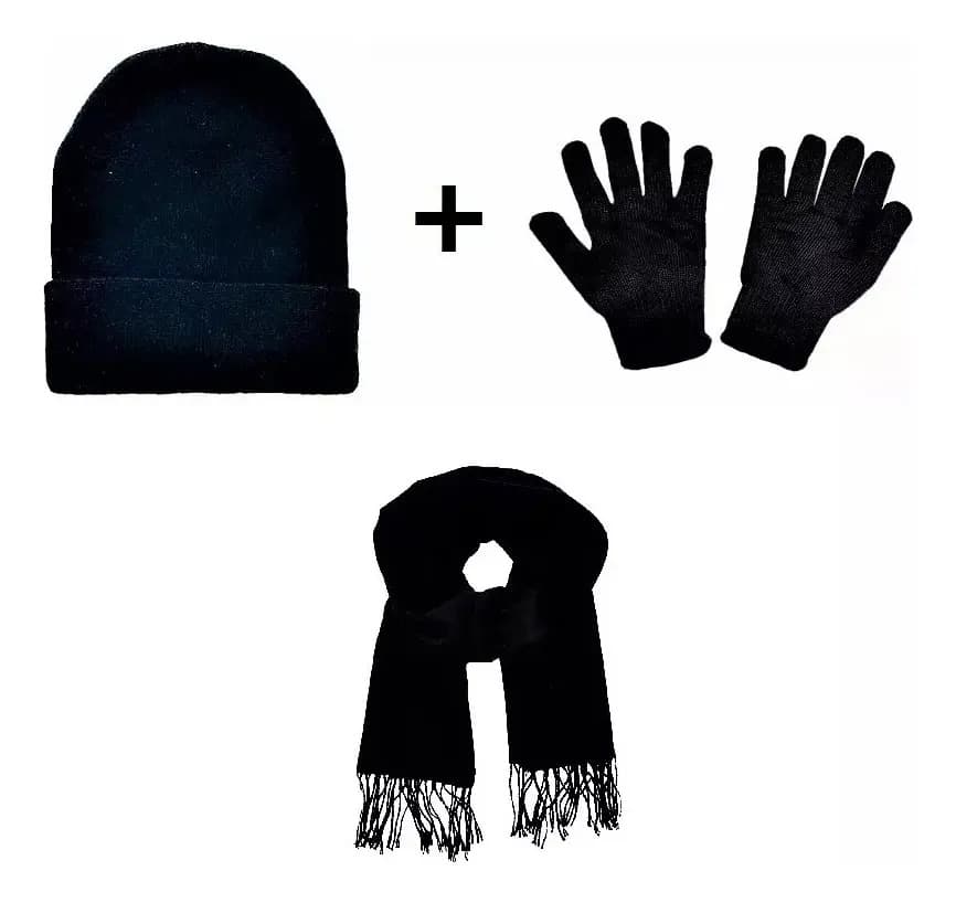 1 Touca Lã Preta + 1 Par Luvas + 1 Cachecol Preto Inverno