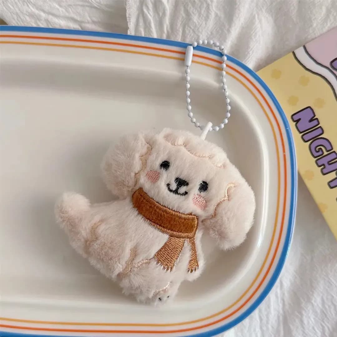 Chaveiro Pelúcia Cachorrinho Com Cachecol Kawai Cachorro Bege Cachecol Reto