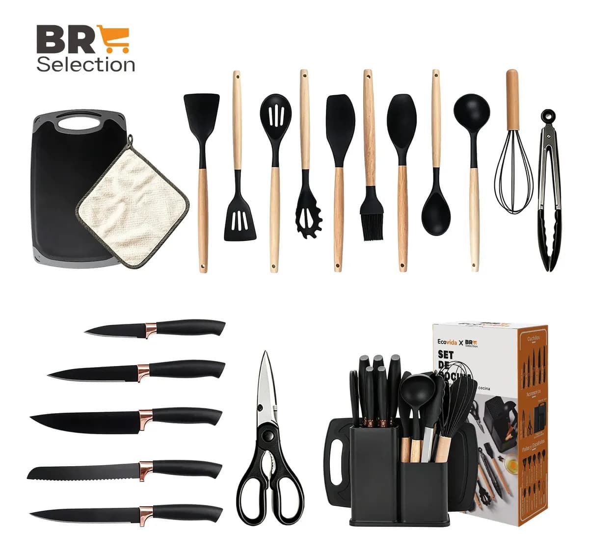 20 Kit Utensílios de Cozinha em Silicone Com Cabo de Madeira Utensilios Cozinha Multifuncional Utensilios Silicone Preto