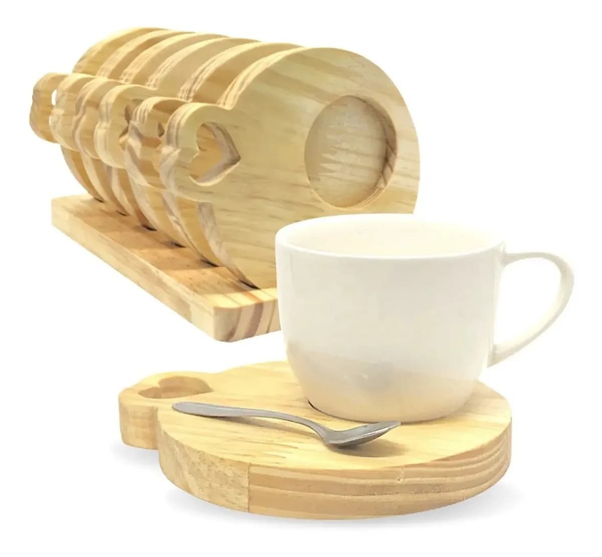 Jogo Xícaras Café Com Pires Porcelana Madeira 12 Branco Coração