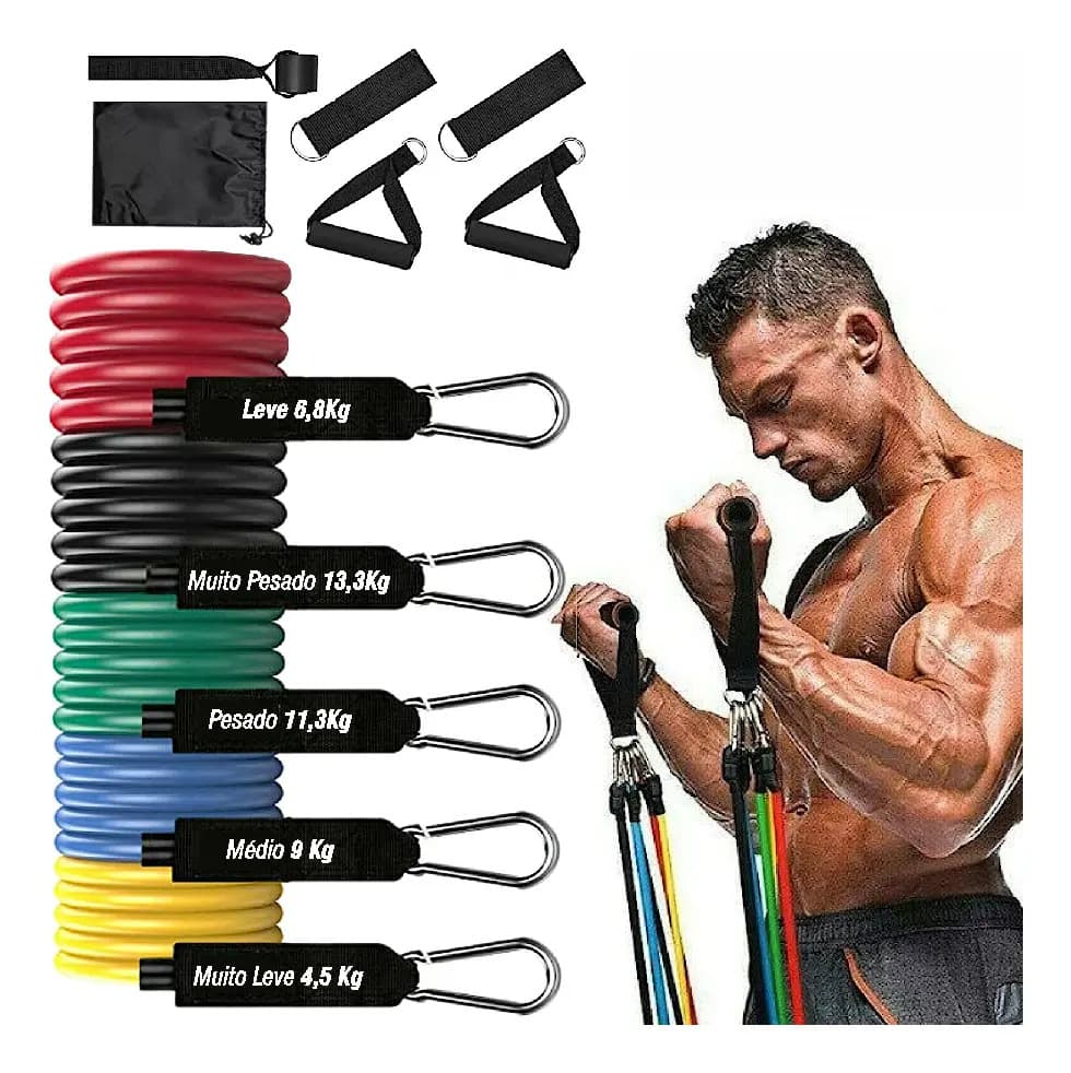 Kit Elásticos Extensor Com 11 Peças Da Jgbrasil - Academia Crossfit Faixa Elástica Exercício Treinos Fisioterapia Funcional Ginastica Musculação