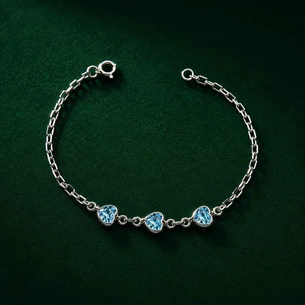 Pulseira Feminina Prata 925coração Cores Azul-claro