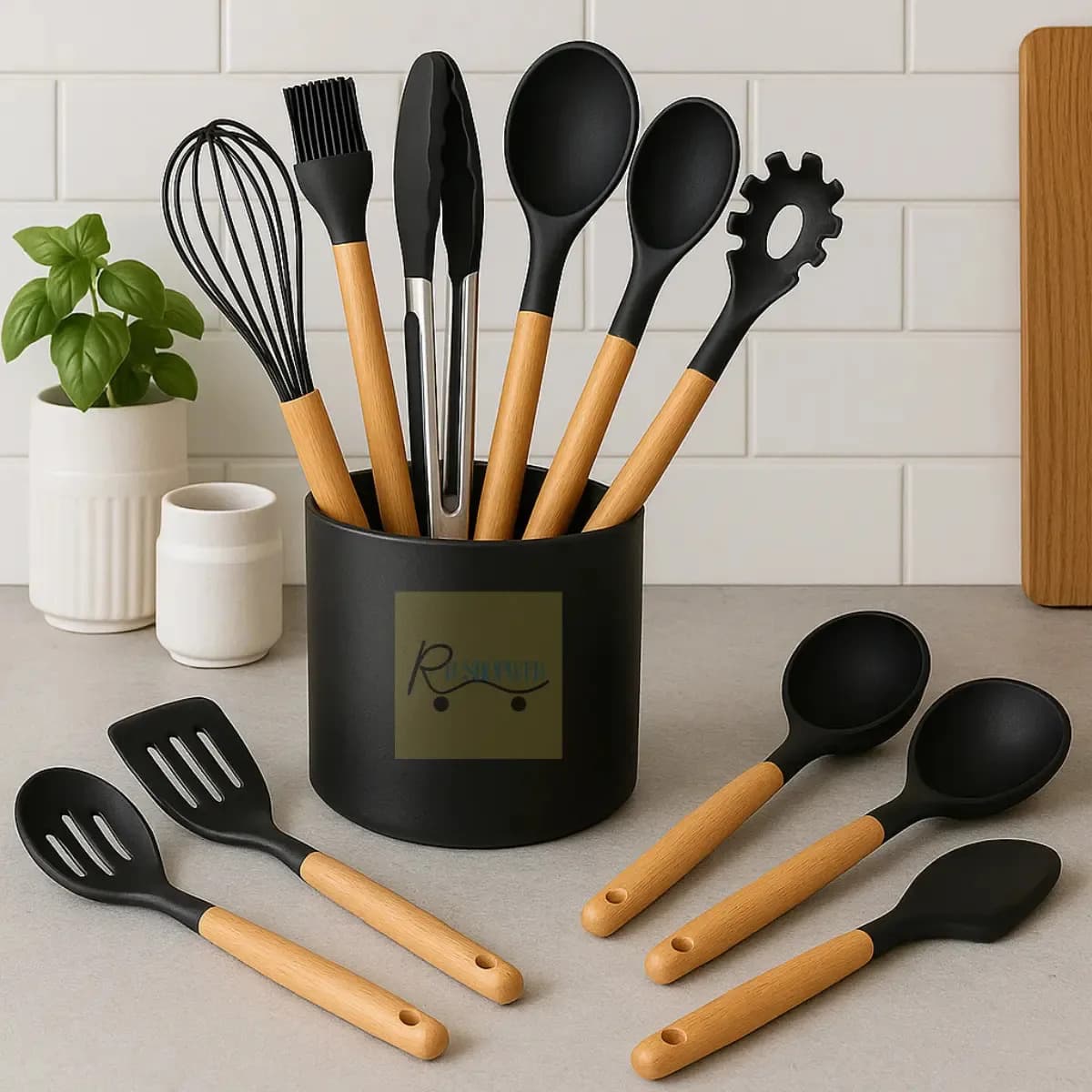 Kit Jogo 12 Peças Utensílios Cozinha Silicone Cabo Madeira