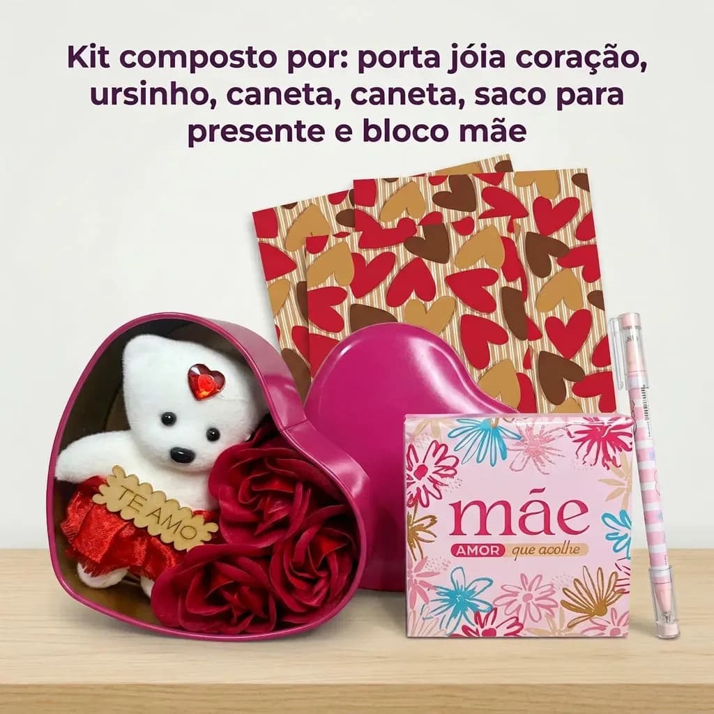 Kit Porta Joia Coraçao Bloco Caneta Presente Mae & Namorados Brodô Vinho