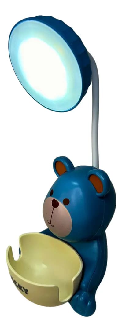 Mini Luminária Mesa Divertida Forma Urso Com Led E Apontador Cúpula Branco Estrutura Azul