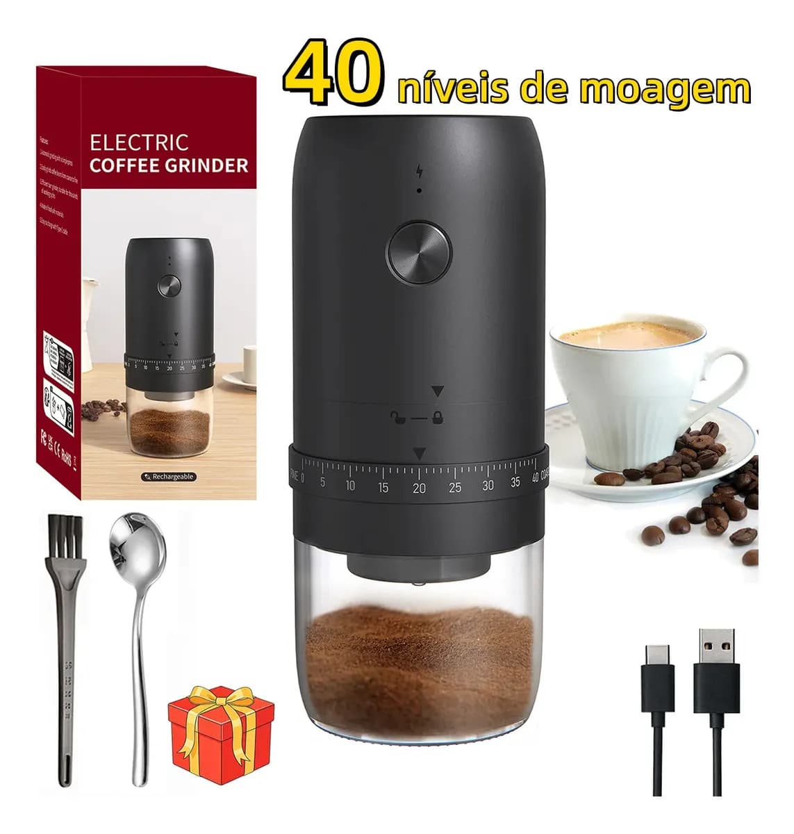 Moedor Café Triturador Elétrico De Grãos + Colher 40 Velocidades 1800mah Portátil Kit Café Gourmet Barista Moedor…