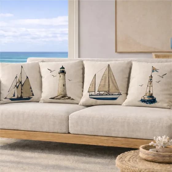 Kit 4 Capas Almofadas Casa De Praia Mar Veleiro Farol Linho