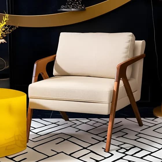 Poltrona Decorativa Mona Luxo Madeira Maciça Desenho do tecido Linho Bege Claro