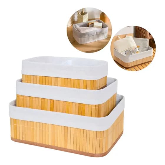 Kit 3 Cestos Organizador De Bambu Multiuso Com Forro