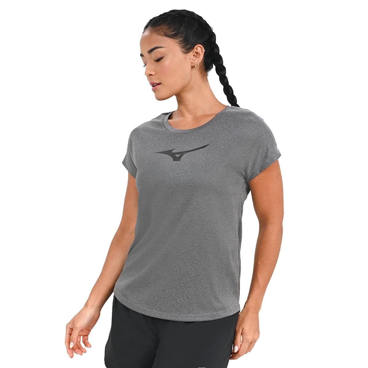 Camiseta de Corrida Feminina Mizuno Spark Big Logo G Cinza