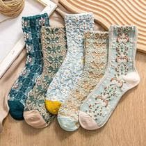 5 Pares de Meias Femininas Estilo Retro Finas Personalizadas De Algodão De Renda - PromoGalax