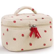Bolsa grande de maquiagem acolchoada de viagem Prite Corduroy para mulheres Bolsa de cosméticos de algodão floral Coquette Aesthetic Floral Organizer (morango)