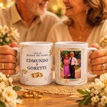 Caneca Branca Personalizada Fotos Casal Bodas de Ouro - GMH