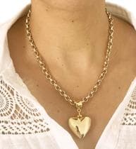 Colar Choker Corrente Feminino Elos Português Grosso 50cm Pingente Coração Liso Folheado Ouro 18k Tendência - Carvalho Folheados