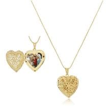 Colar Gargantilha Feminino com Pingente Relicário Coração para Foto Folheado Ouro 18k Dourado Corrente - LVO