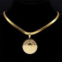 Colar Medalha de São Bento Dourado Feminino 25mm em Aço Inoxidável Antialérgico com Corrente Cobra 4010cm Pingente Religioso Resistente à Água - Vnox